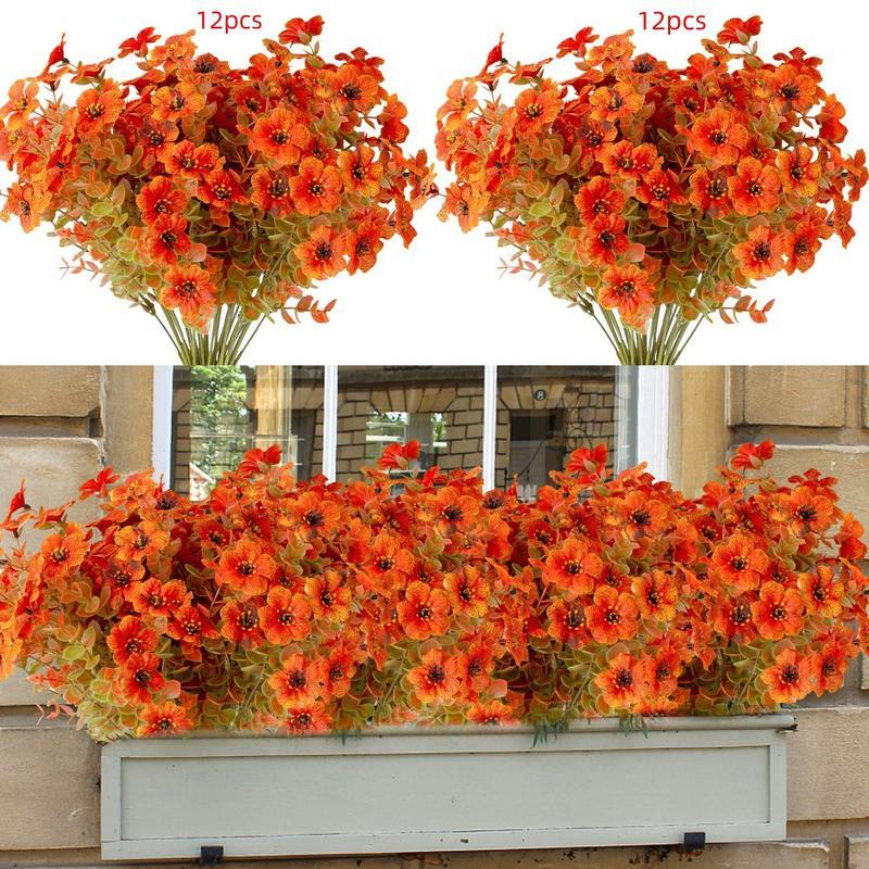 Artificial Fall Flower, 12pcs Outdoor UV Resistant Autumn Fake Flower, Decorative Plastic Greenery Shrub Plant for Wedding Home Garden Window Balcony Office